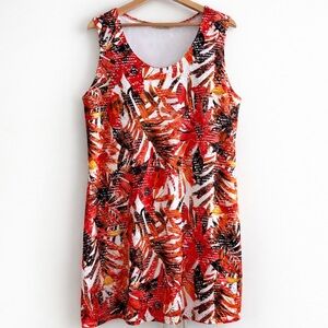 Vibrant Red and Orange Tropical Print Mini Dress